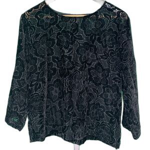 Hot Cotton sheer velvet burnout black floral shirt 3/4 quarter sleeve XL